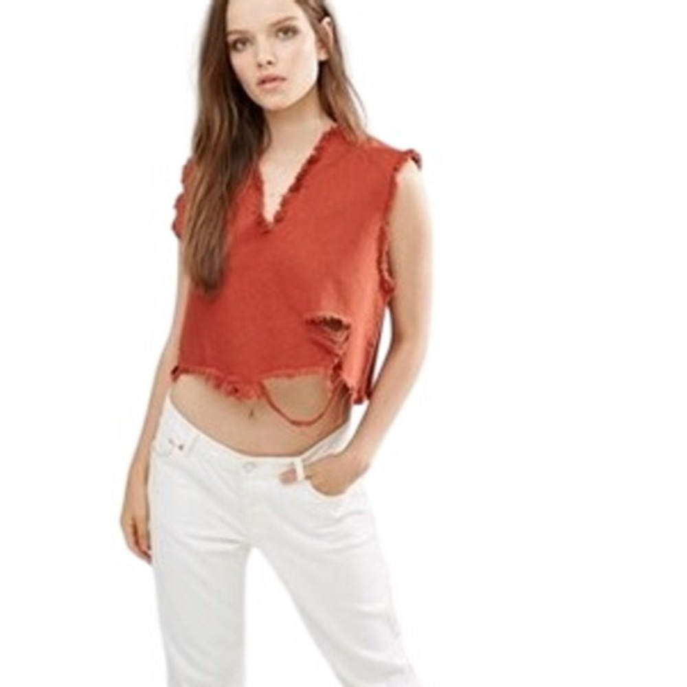 Waven Nova‎ Crop Top Burnt Orange Distressed Sleeveless V-Neck Denim Small